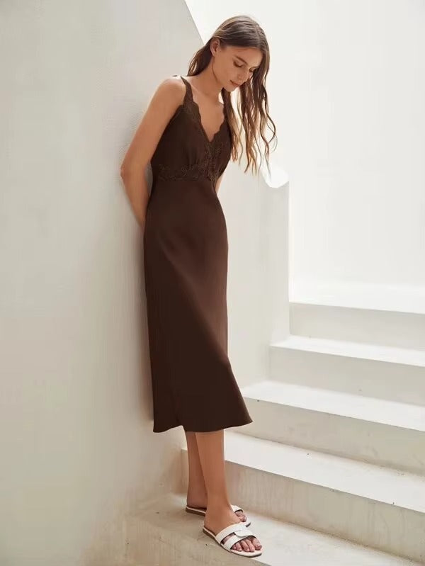 Women Long Elegant Lace Satin Silk Nightgown Solid Sleep Dress