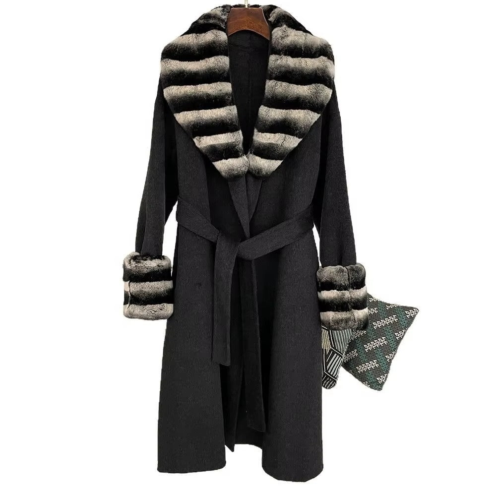 Women Autumn Winter Double-Sided Wool Long Coat Rex Rabbit Fur Collar
