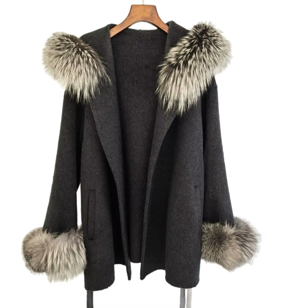 Women Vintage Double-Sided Wool Long Coat Fox Fur Collar