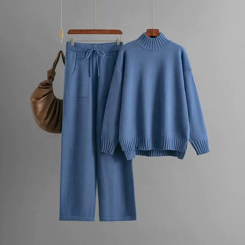 Women Winter Loose Half Turtleneck Knit Sweater Two Piece Set