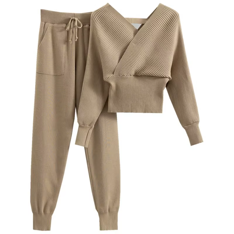 Women Spring Casual Off Shoulder Short Sweater & Leggings Two-Piece Set Solid Sexy Cozy