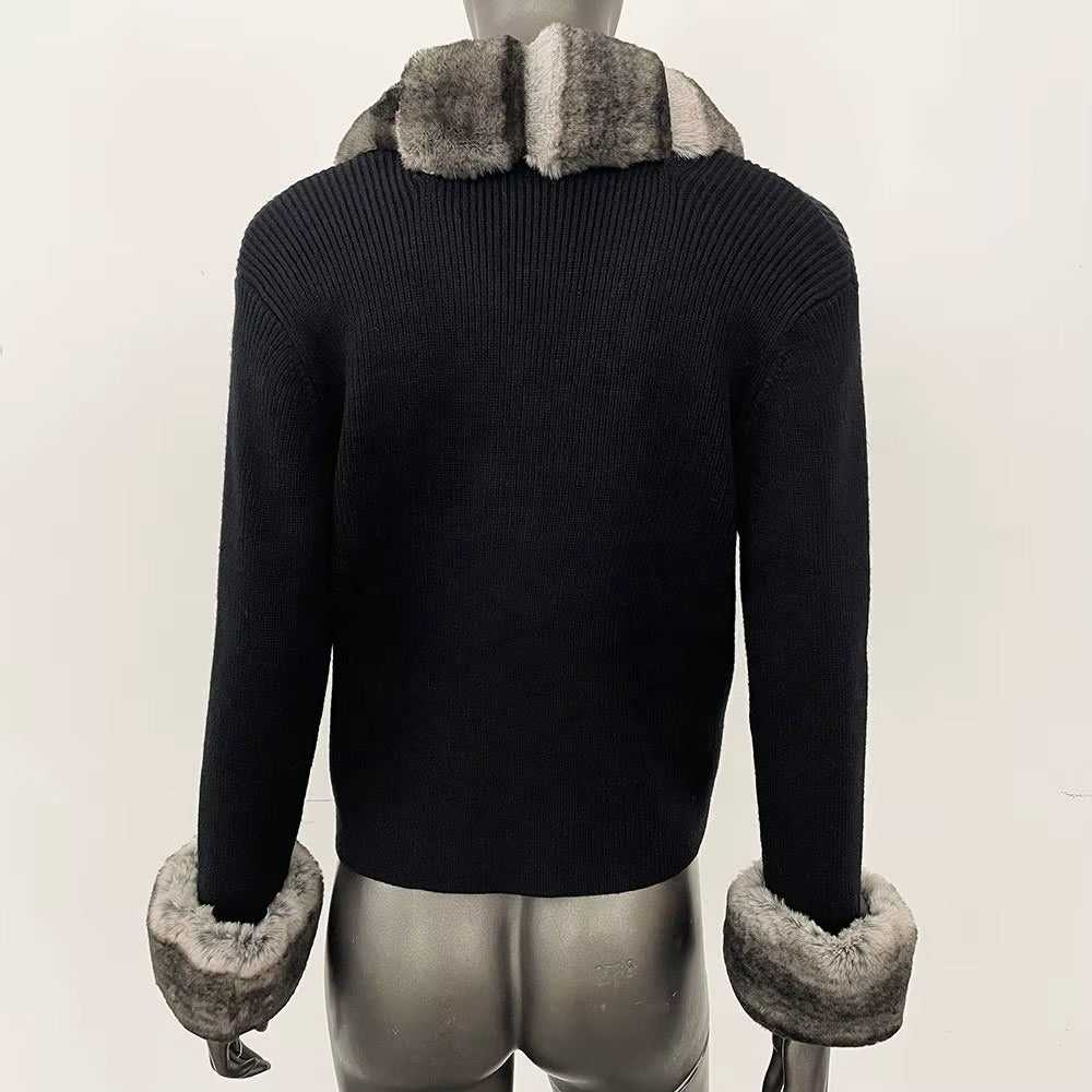 Women Spring Slim Knitted Cardigan Jacket Faux Totoro Wave Pattern