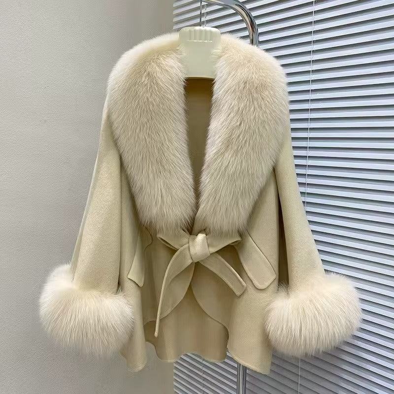Women Double-Sided Wool Cloak Coat Fox Fur Collar