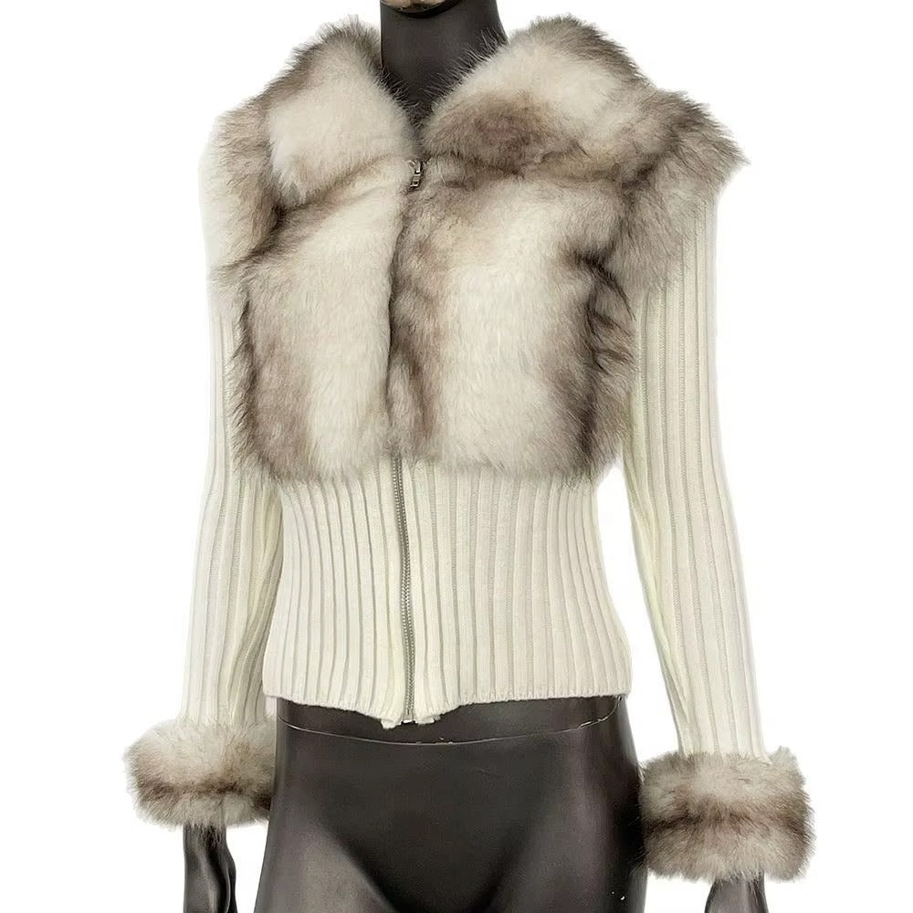 Women Autumn Winter Casual Short Eco-Friendly Faux Fur Knit Sweater