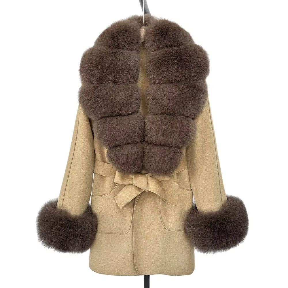 Women Winter Elegant Double-Sided Wool Long Coat Real Fox Fur Collar Waist-Cinching