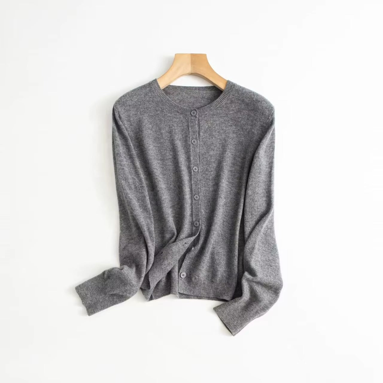 100% Wool Cardigan for Women Spring Autumn Soft Padded Crew Neck Button Knitted Casual