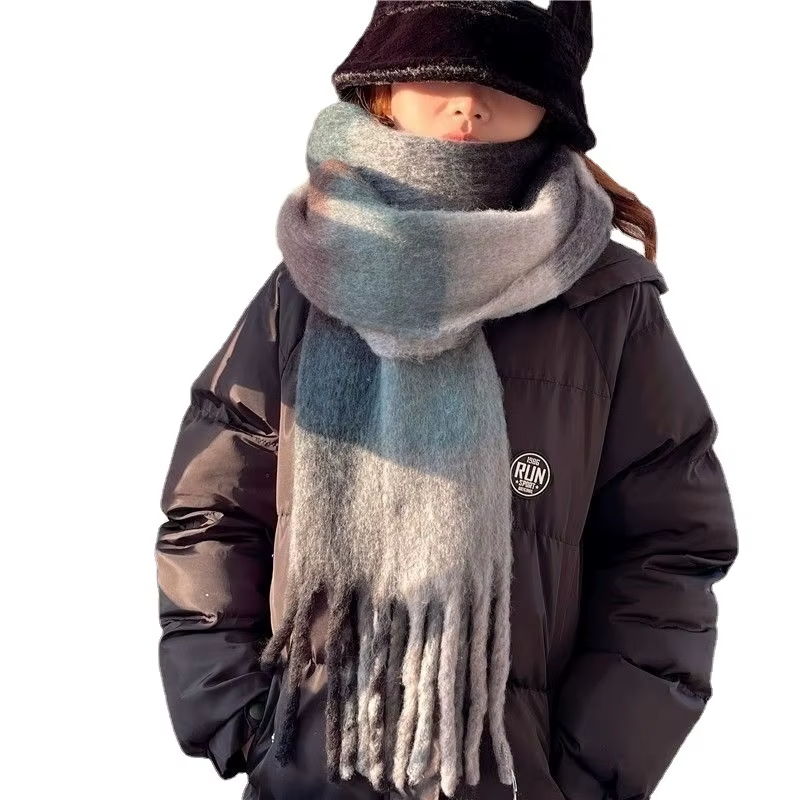 Autumn Winter Plaid Tassel Scarf Rainbow Color Block Cashmere Mohair Shawl Thickened Neck