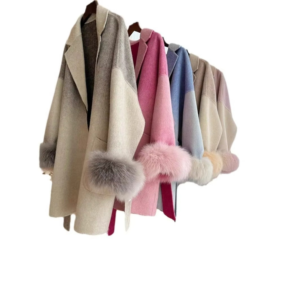 Women Gradient Double-Sided Cashmere Long Wool Coat