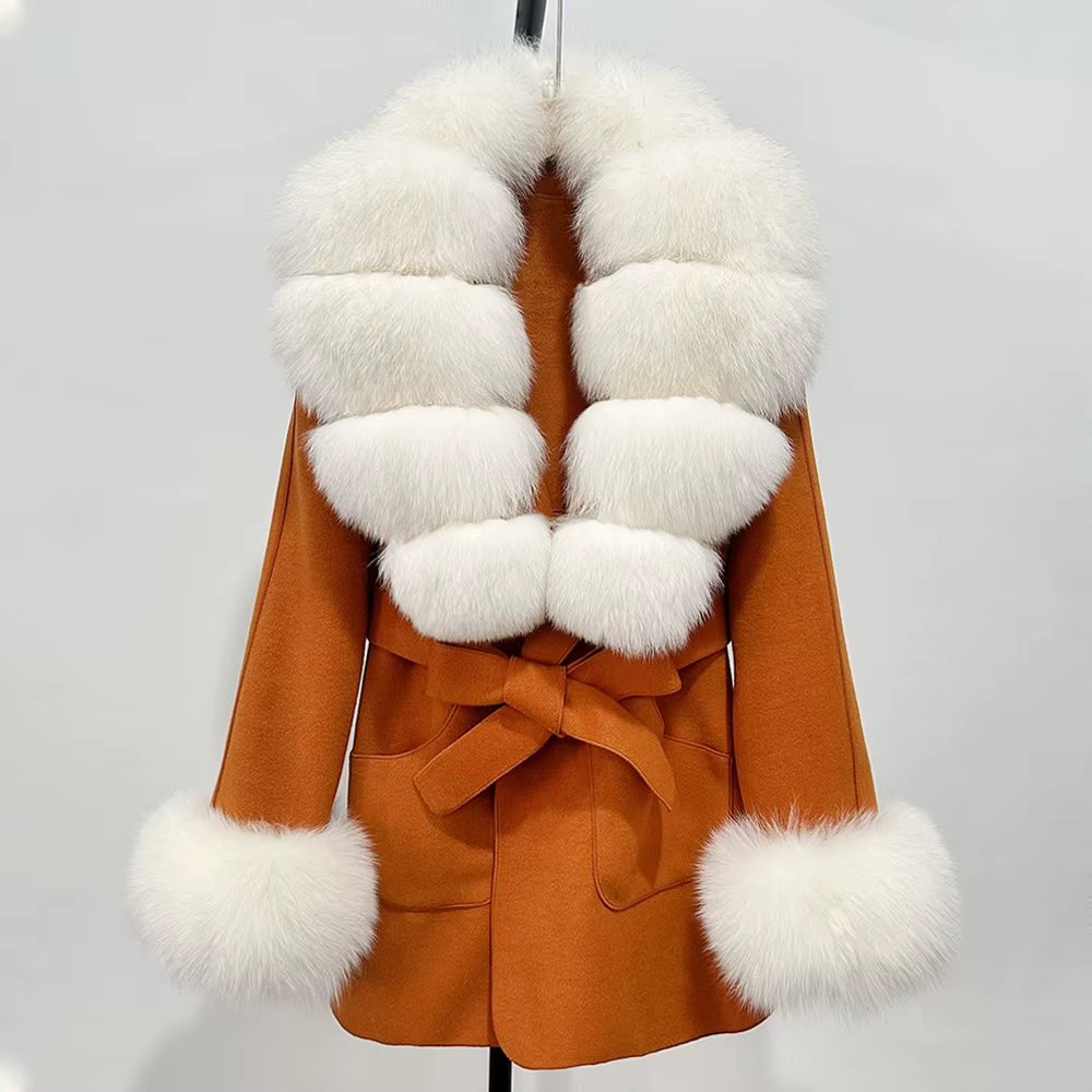 Women Winter Elegant Double-Sided Wool Long Coat Real Fox Fur Collar Waist-Cinching