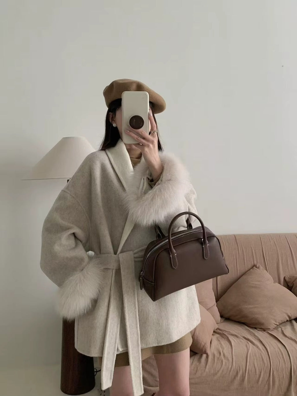 Women Two-tone Mid-Length Cashmere Bathrobe Coat Fur Sleeves