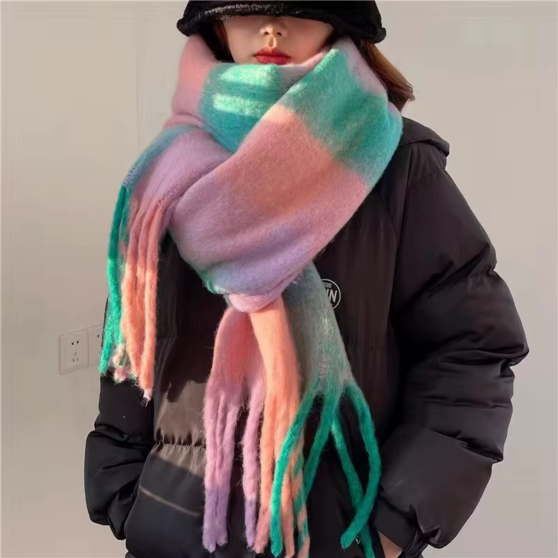 Autumn Winter Plaid Tassel Scarf Rainbow Color Block Cashmere Mohair Shawl Thickened Neck