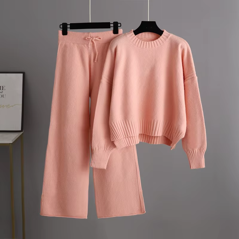 Women Autumn Winter Solid Print Knit Sweater & Wide Leg Pants Two-Piece Set