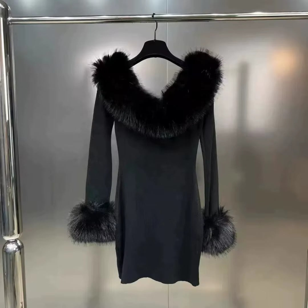 Women French Off Shoulder Black Knitted Dress Hairy Neck Wrap Solid