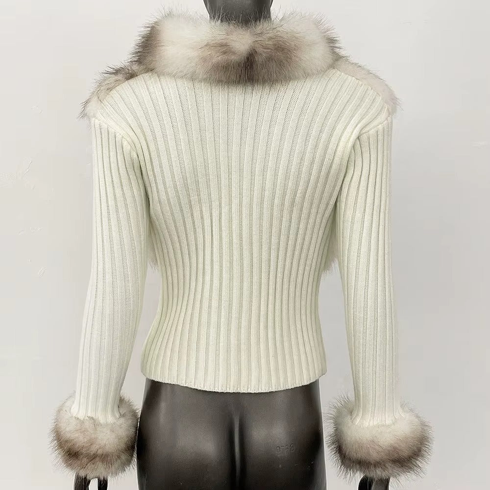 Women Autumn Winter Casual Short Eco-Friendly Faux Fur Knit Sweater