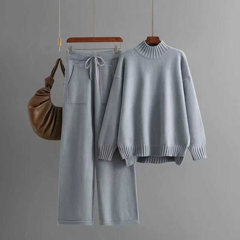 Women Winter Loose Half Turtleneck Knit Sweater Two Piece Set