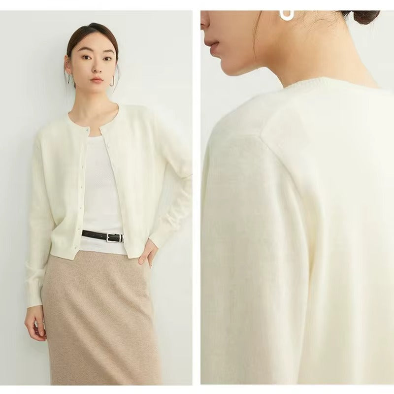 100% Wool Cardigan for Women Spring Autumn Soft Padded Crew Neck Button Knitted Casual