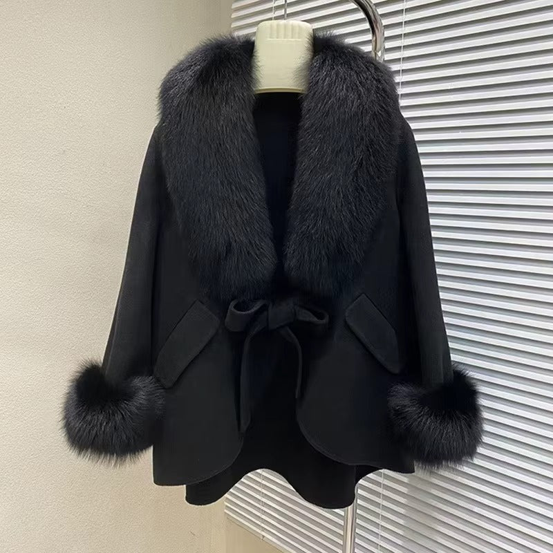 Women Double-Sided Wool Cloak Coat Fox Fur Collar