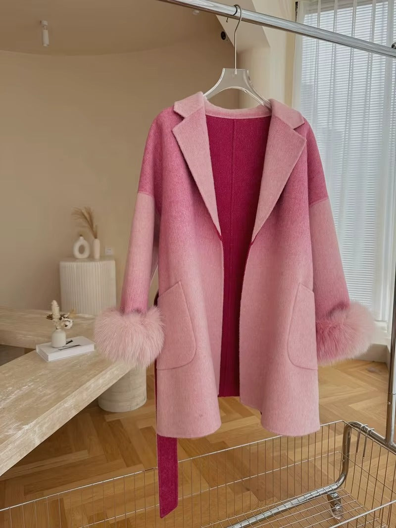 Women Gradient Double-Sided Cashmere Long Wool Coat