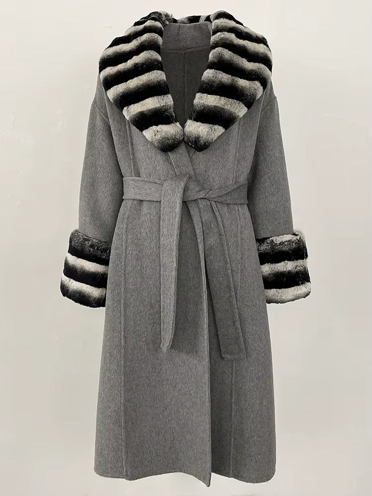 Women Autumn Winter Double-Sided Wool Long Coat Rex Rabbit Fur Collar