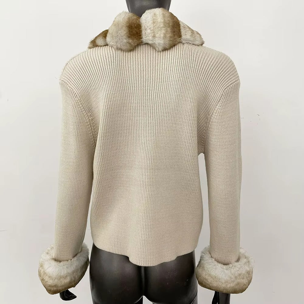 Women Spring Slim Knitted Cardigan Jacket Faux Totoro Wave Pattern